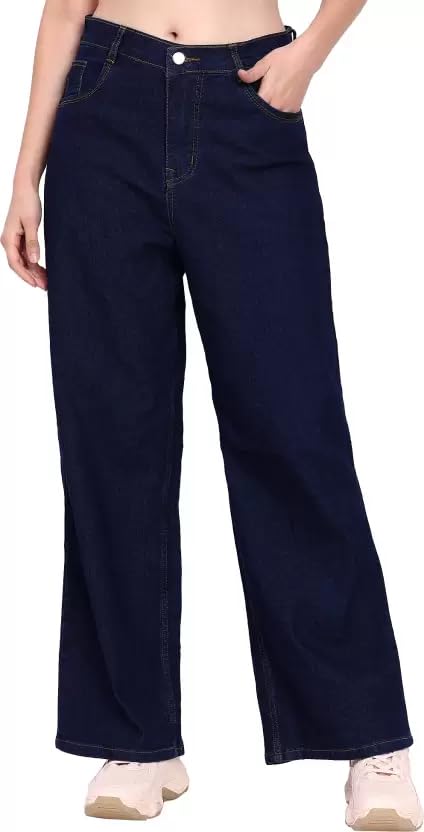 comfits Women's Baggy Dark Blue Plain Jeans, Wide Leg (in, Numeric, 28, Regular, Dark Blue)-picture-32