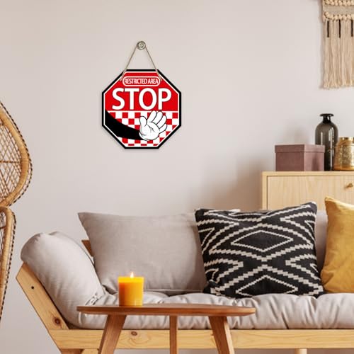 Image of Deroro Restricted Area Stop Front Door Sign, Red Octagon Warning Notice Sign Wood Door Hanger Outdoor Outside Decor, Wooden Wreath Indoor Home Office Business Wall Hanging Decoration