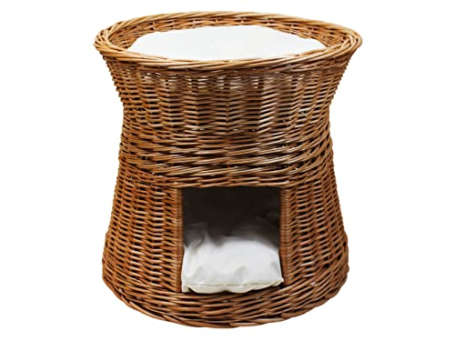 Cesta para dormir para gatos – Caseta interior – Diámetro: 47 cm redonda – Cueva para gatos de mimbre – Cama para perros de dos pisos – Cama para gatos – Color corteza de sauce natural (casa de mimbre