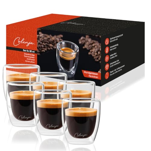 Colenja Doppelwandige Kaffeegläser für Espresso - 6er Set 80ml - hochwertige Espressogläser – kratzfestes Glas - Borosilikatglas - Spülmaschinengeeignet - Kaffeeglas
