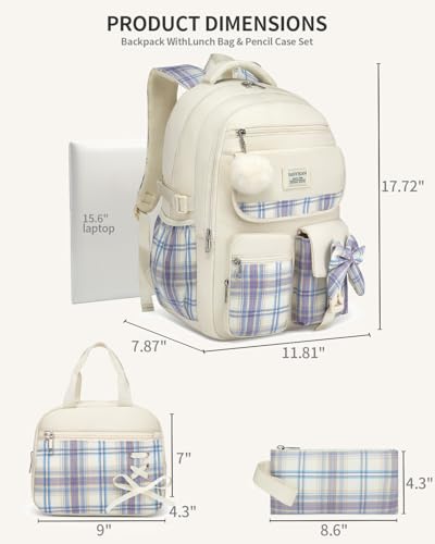 Image of Backpack for School Girls, 3Pcs Kids Cute Bookbag with Lunch Box Pencil Pouch, Student Pack Fits 15.6 Inch Laptop for Teens bag for Kindergarten Elementary Preschool Middle School, Beige Tartan