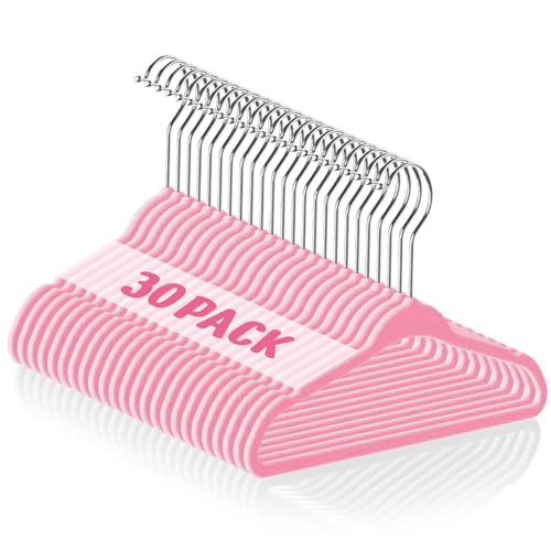 HOUSE DAY 30er Set Kinderkleiderbügel aus Samt,28cm Kleiderbügel Kinder mit Gekerbtem Design,Ultradünn, Platzsparend Baby Kleiderbügel, 360 Grad Drehhaken, rutschfeste,Rosa
