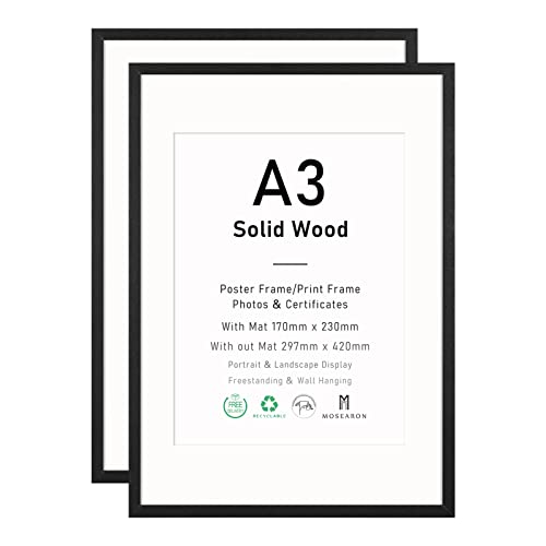 Lot de 2 cadres photo, pour certificat, format A3, en bois, noirs, avec verre plexiglas, pour montage mural, bourrage de 17 x 23 cm, 29,7 x 42 cm Cover