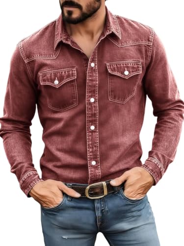 Image of Mens Long Sleeve Denim Shirt Regular Fit Vintage Cowboy Style Red