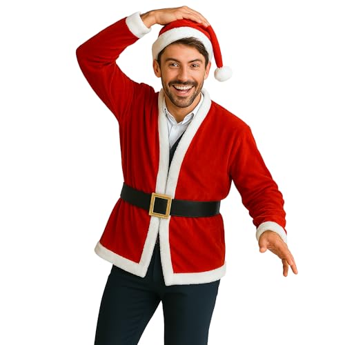 Sunnywood Party Santa Costume Red Jacket Unisex Christmas Jacket Hat & Belt Set Fun Holiday Outfit for Xmas Parties Santacon Bar Crawls