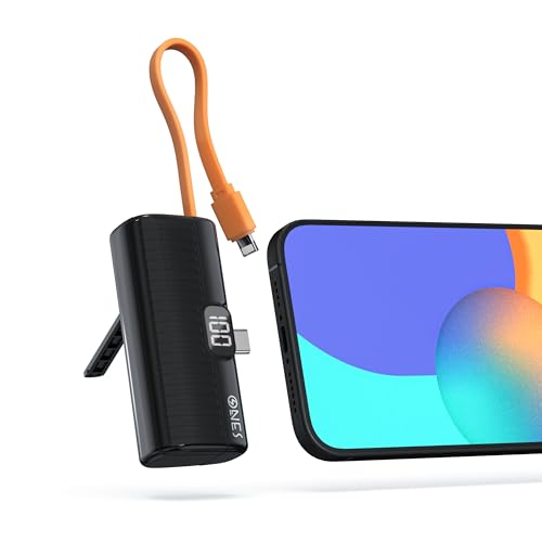 ONES Power Bank portatile, ricarica rapida 5000mAh display LED, mini batteria backup piccolo caricabatterie per iPhone 16/15/14/13/12/11 PRO MAX/XS Samsung S23 ecc., spina USB C e cavo lighting, nero