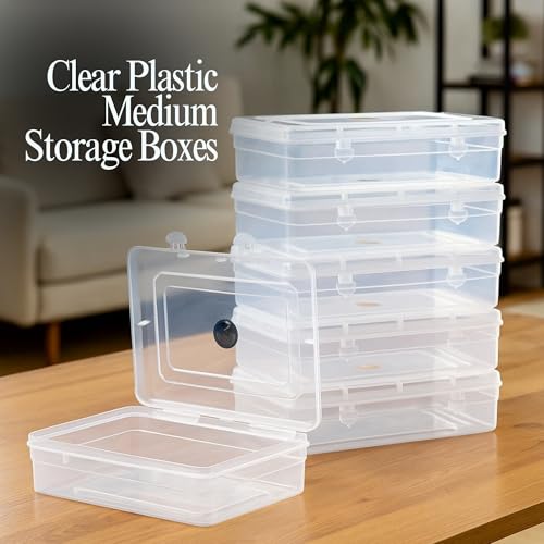 Image of Plastic Small Storage Boxes with Lock Lid - Rectangular Clear Containers - Size No.55 (19.5 x 13 x 5 cm) - Durable Multipurpose Organizer - Set of 6 Boxes
