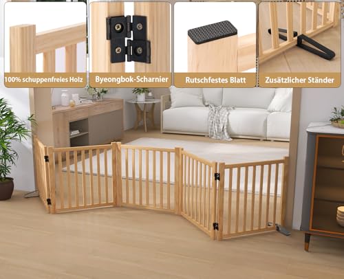 Pshelfy Hundeabsperrgitter aus Holz 5 Paneelen 58cm Höhe - Freistehend & Faltbar, 360° Drehbar für Tür, Treppe, Flur als Welpen-Gitter & Kinderschutzgitter (BxH: 292 cm x 58 cm, Naturholz)