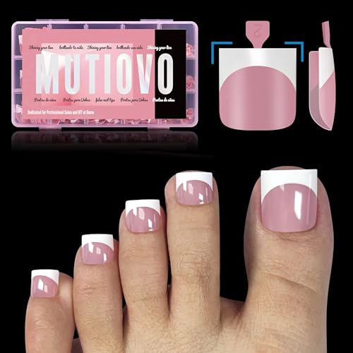 MUTIOVO French Tip Toe Nail Tips Press on, Sharp Square Pre-Designed Soft Gel False Toenail Extension, BERRY PINK Pre-applied Tip Primer & Base Coat, Full Cover Acrylic for DIY x 15 Sizes 240 pcs