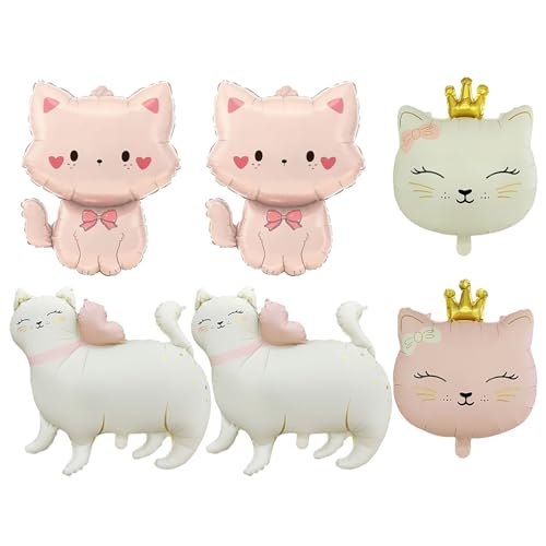 6 Pcs Cat Foil Balloons Crown Kitty Cat Head Balloons Pink Cute Pet Cat Balloons Animal Party Decorations for Birthday Girls Boy Baby Shower Kitten Theme Party Supplies