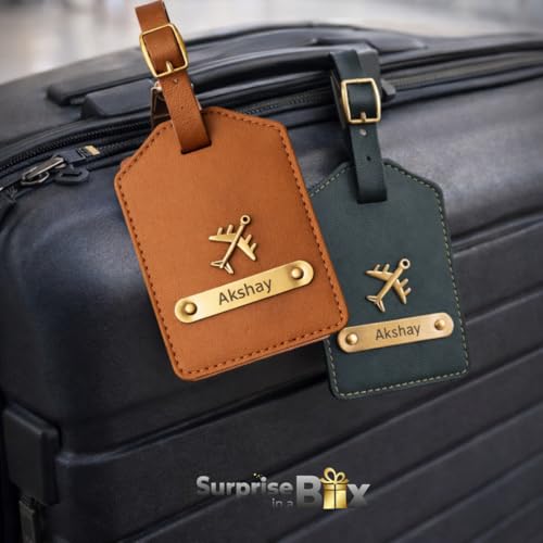 Image of Personalised Leather Family Travel Gift, Tan Luggage Tags in Gift Box (Multicolor)