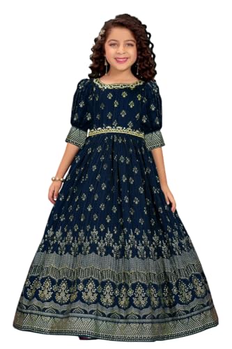 White Button Girls Golden Foil Print Gown | Elegant Ethnic Dress