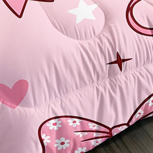 Image of AILONEN Girly Ribbon Comforter Full 3 Piece Preppy Pink Heart Bedspread Breathable Fabric Padded Quilt Teens Cool Room Decoration Trendy Magenta Cover 2 Shams
