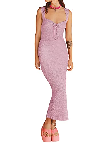 Image of Acrawnni Women Sleeveless Bodycon Maxi Dress Low Cut Tie-up Pleated Slim Fit Backless Dress Sweetheart Neck Ruched Textured Long Dress (A-Pink, XL)