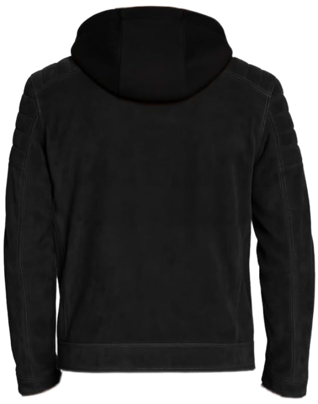 Image of Blaq Ash Men's Suede Hooded Biker Jacket with Removable Hood and Multiple Zippers