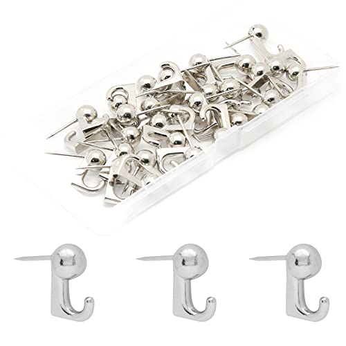 Image of Metal Push Pin Hangers, 20 lbs Wall Hanging Nails Push Pins with Hooks, Picture Hanging Nails for Painting, Silver, 30 Pcs