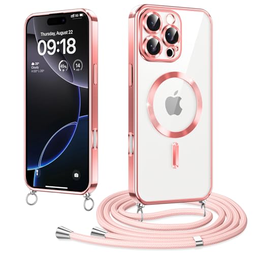 Elettrolitico Magnetica Cover con Cordino per iPhone 16 Pro 6.3 Compatibile con Magsafe Ricarica Antiurto AntiGraffio con Collana Regolabile Case per 16 Pro wireless rosa tpu