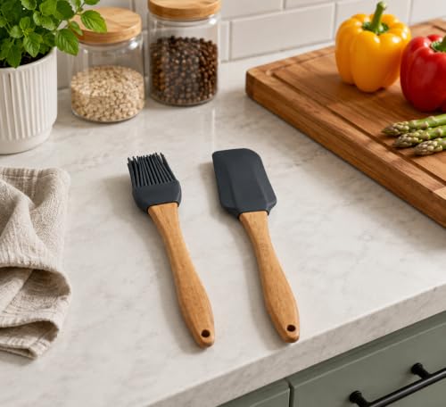 Image of Clazkit Silicone Oil Brush for Cooking & Non-Stick Silicone Spatula Baking & Mixing - with Wooden Handle, Non-Stick Cookware Heat Resistant Kitchen Utensil Tools|Black