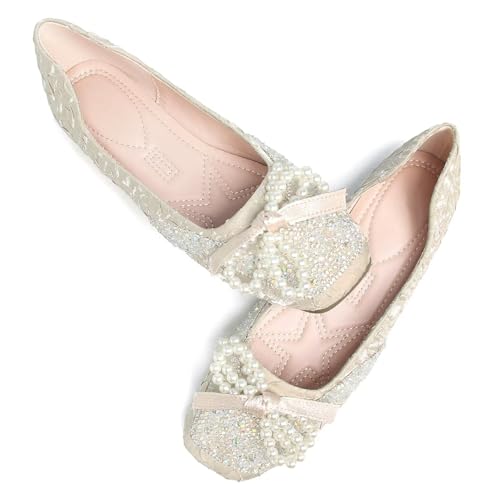TN TANGNEST Womens Bowknot Ballet Flats Square Toe Sequin Rhinestone Dress Flats Cute Slip On Loafers Comfortable Wedding Flats
