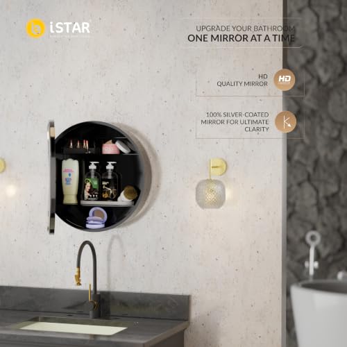 Image of iSTAR Round Wall Mirror with Storage Shelf | Bathroom Vanity Cabinet with Hidden Storage Cabinet | Wall Mounted, Bathroom, Bedroom, Living Room