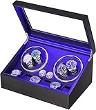 ANWBROAD Watch Winder for Automatic 4 Rotating Modes USB 4 Watch Rotator and 6 Extra Storages with Super Quiet Motor and LED Backlight Watch Turner Carbon Fiber JWW002F