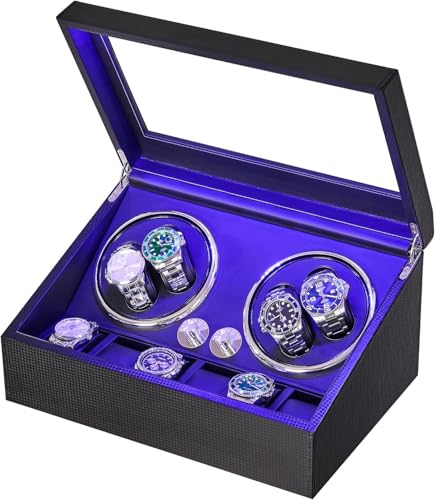ANWBROAD Watch Winder for Automatic Watches for 4+6 Watch Winder Box Supersilent Luxury Watch Winder LED Light 4 Rotation Modes (Carbon Fiber)