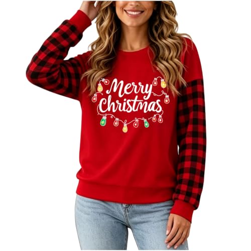 Znwerma red christmas jumper Red Christmas Jumpers for Women Funny Xmas Tree Print Jumper Sweatshirt Novelty Long Sleeve Crewneck Pullover Tops
