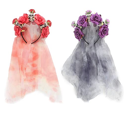 Teahutty Lot de 2 serre-têtes en dentelle avec motif tête de mort - Pour Halloween, costumade, fête Cover