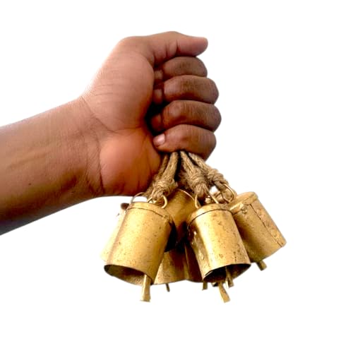 Image of Pack of 10 Vintage Rustic Mini Bells with Rope | Decorative Hanging Ghanti for Home, Diwali Pooja, Wall Decor, Christmas & Craft Supplies