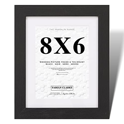 Fabian Clarke London® 8x6 Modern Black Wooden Picture Photo Frame with White 7x5 Mount Includes Safety Glass Front Hang Portrait or Landscape
