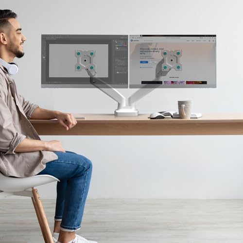 ONKRON Dual Monitor Mount for Two 13-32 Inch Screens up to 17.6 lbs (x2), Gas Spring Dual Monitor Arm Stand, VESA 75x75 & 100x100, Adjustable Double Monitor Mount with Swivel, Tilt, Rotation White