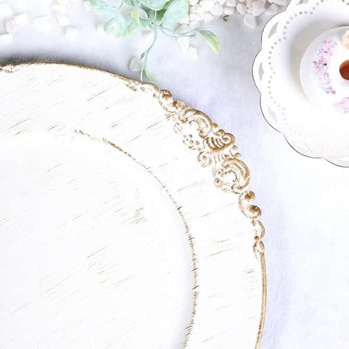 Efavormart 6 Pack White 13" Round Baroque Charger Plates Leaf Embossed Antique Gold Rim For Tabletop Decor Catering Event #TOP7