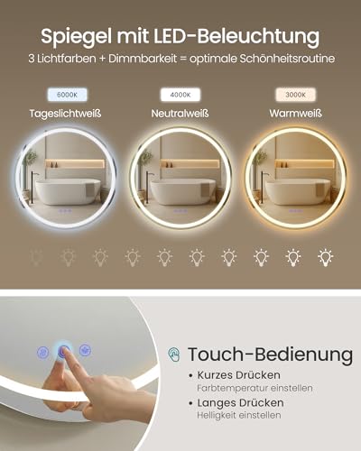 SONGMICS Badspiegel mit Beleuchtung, Spiegel rund, Wandspiegel, Badezimmerspiegel Antibeschlag-Funktion, Farbtemperatur und Helligkeit einstellbar, Bad Schlafzimmer, 61 cm, wolkenweiß LWM211WC02
