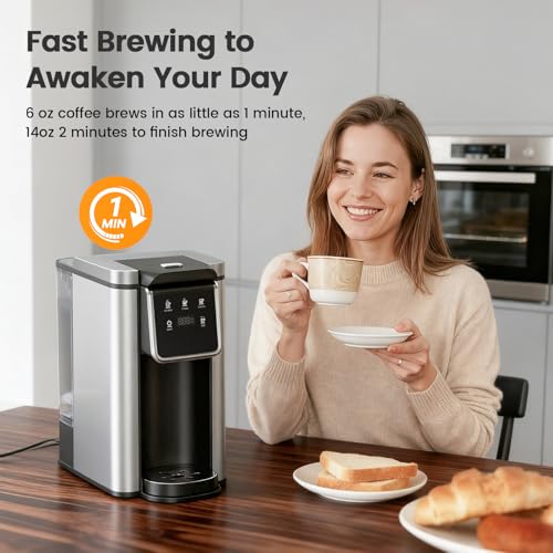 Image of Horavie Single Serve Coffee Maker for K-Cup Pod and Grounds, Hot & Iced Coffee Maker, Strong Button Feature, 6 to 14oz Brew Sizes, 50oz Removable Tank, Up to 6.5 Inch Mug, Stainless Steel, Black