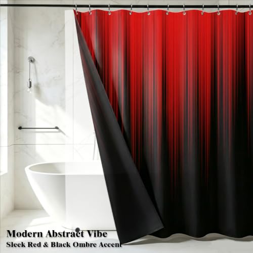 Image of AAtter 3 in 1 Red Black Gothic Shower Curtain Set, 72x72 Inch, 12 Hooks | Polyester Fabric with PEVA Liner, Burgundy Ombre Pattern, Modern Abstract Style, Standard Bathroom Decor for Men