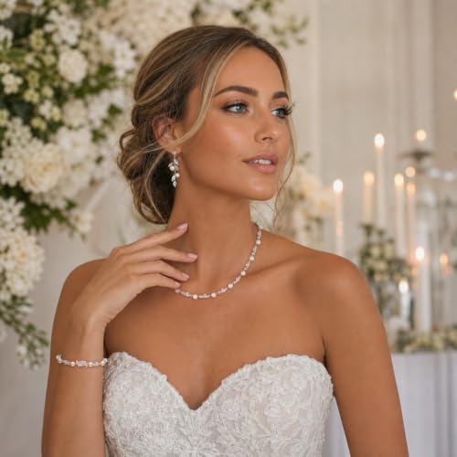 Image of EVER FAITH Cubic Zirconia Pearl Leaf Bridal Jewelry Set for Bride Women | White Wedding Prom Necklace Dangle Earrings Bracelet, for Bridesmaid