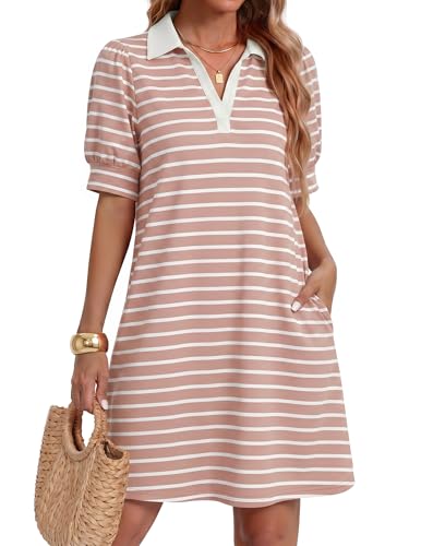 Image of ZESICA Womens Summer Striped T Shirt Mini Dresses 2026 Casual Lapel V Neck Short Sleeve Flowy A Line Beach Vacation Dress