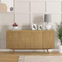 NTC Sapa Mid-Century Modern Solid Wood Sideboard 4-Door Accent Buffet Cabinet with Carved Geometric Fronts, for Living Room, or Entryway, Effortless Assembly, Sand