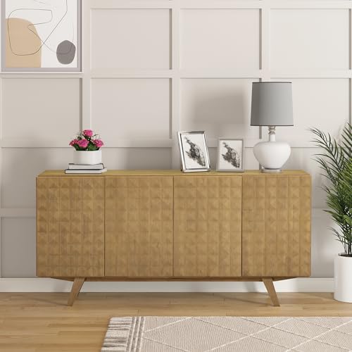 Image of Sapa Mid-Century Modern Solid Wood Sideboard - 4-Door Accent Buffet Cabinet with Carved Geometric Fronts, for Living Room, or Entryway, Effortless Assembly, Sand