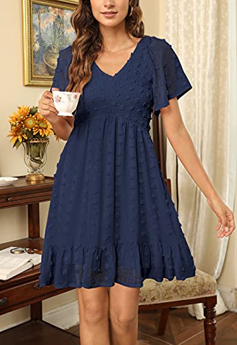 Image of Annebouti Womens 2025 Spring Summer Mini Smocked Swiss Dot Dresses Short Sleeve Babydoll Casual Dress