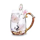 Tea Cup Coffee Mug Cups, Handmade Lily Flower Glass Coffee Cup 13 oz Ideal for Friend Wedding Anniversary Christmas Birthday Presents(Pink)