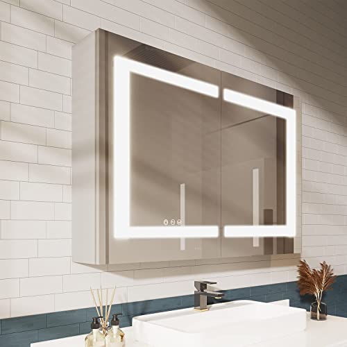Ligmirr Bathroom Medicine Cabinet With Lights, 36×24 Inch Led Medicine Cabinet With Mirror, Wall Cabinet With Shelves, Double Door Lighted Medicine Cabinet With Defogger, Dimmable, Wall Mount #TOP3