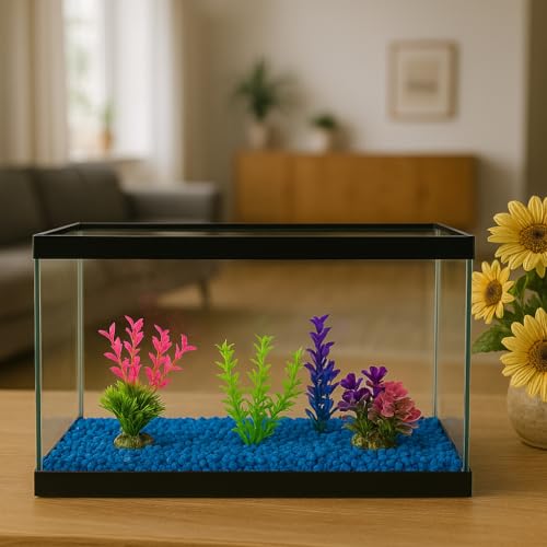 Kit Aquário 10L p/Peixe Betta + Ração + Anticloro + Plantas e Pedras Coloridas p/Decoração (Azul,SEM