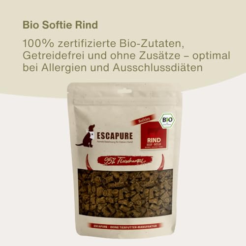 ESCAPURE Bio Softies – Hundesnacks aus Rindfleisch – 100% Bio-Zutaten, 98% Muskelfleisch – Getreidefrei, ohne Zusatzstoffe, Soft-Leckerli für Training & Belohnung (120g)