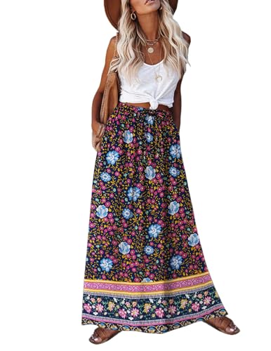 Zeagoo Skirts for Women Long Maxi Skirt Summer Beach Boho Skirts for Women 2026 Womens Elastic High Waist A Line Skirts with Pockets Womens Flowy Beach Skirts Multicolor M