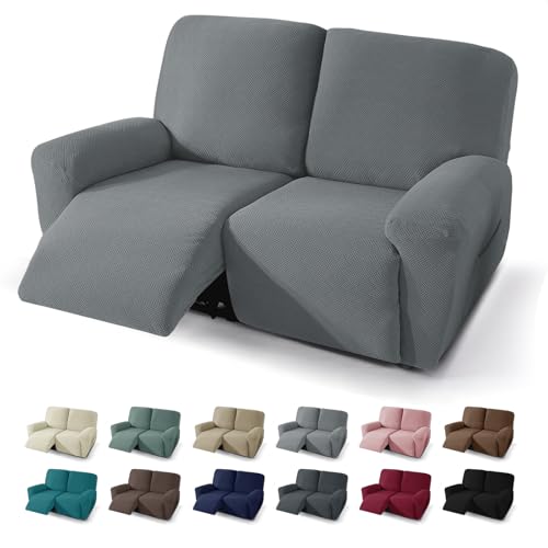 JIVINER 4 Pieces Recliner Loveseat Covers Stretch Recliner Sofa Slipcover with Elastic Bottom Jacquard Fitted Reclining Couch Cover Furniture Protector with Pockets (2 Seater, Light Grey)