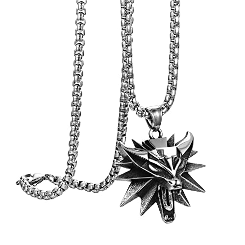 Flongo Herren Kette mit Wolfskopf-Anhänger Edelstahl Halskette Herrenschmuck Wizard-Halskette Drachen Kette Wilder Stil für Punk-Männer und Frauen Cover