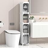 Enjinkail Tall Bathroom Cabinet, Slim Freestanding Plastic Toilet Storage Unit with Door, Waterproof Small Trolley with Wheels for Office, Living Room, Kitchen, Entryway (21W*127H*34D, 4 tier)