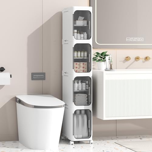 Enjinkail Armario estrecho para baño, mueble de almacenamiento independiente de plástico con puerta, carrito pequeño impermeable con ruedas para salón, cocina (21W x 127H x 34D, 4 niveles)