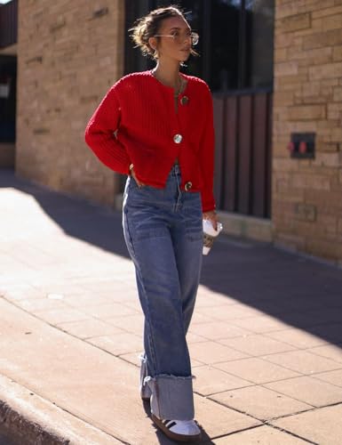 Image of Wyeysyt Womens Cropped Cardigan Sweaters Chunky Knit Gold Button Down Open Front Cardigan Long Sleeve Crop Crochet Sweaters